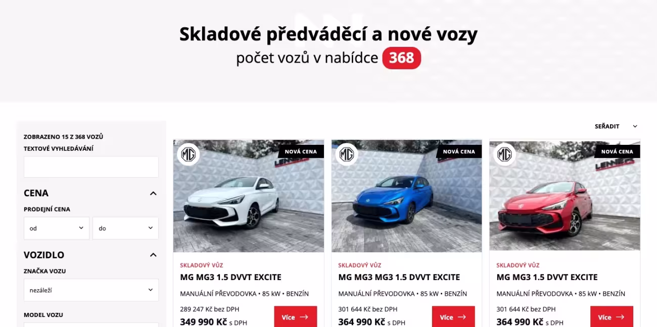 Lenner Motors, výpis skladových vozů s filtry ceny a vozidla