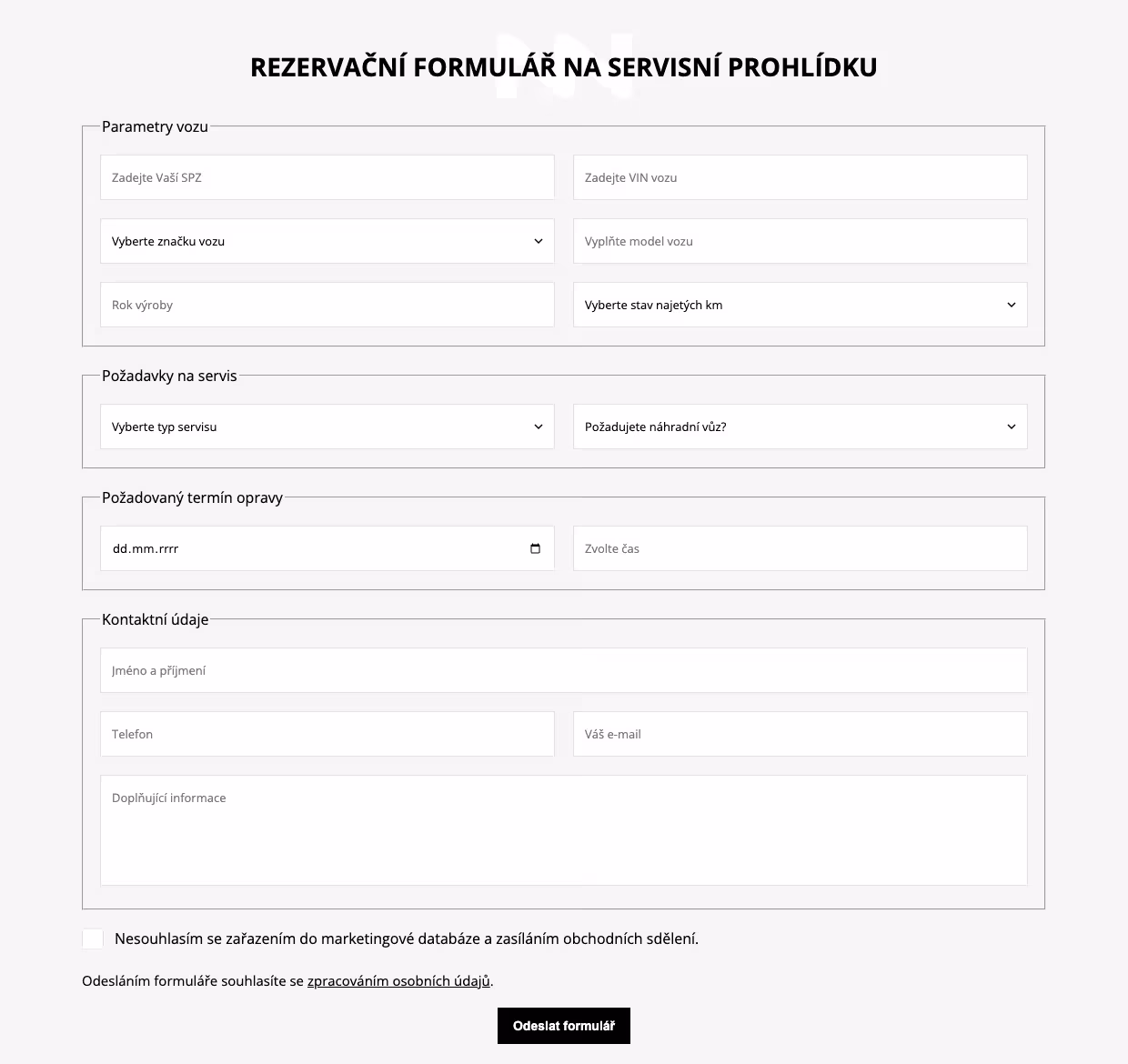 Lenner Motors, rezervační formulář na servisní prohlídku