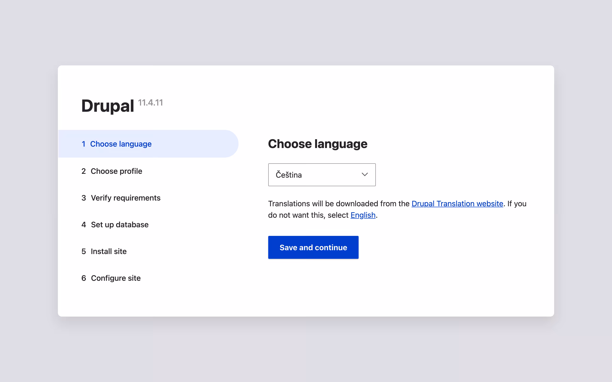 Krok Choose language v instalátoru Drupalu s vybranou češtinou.