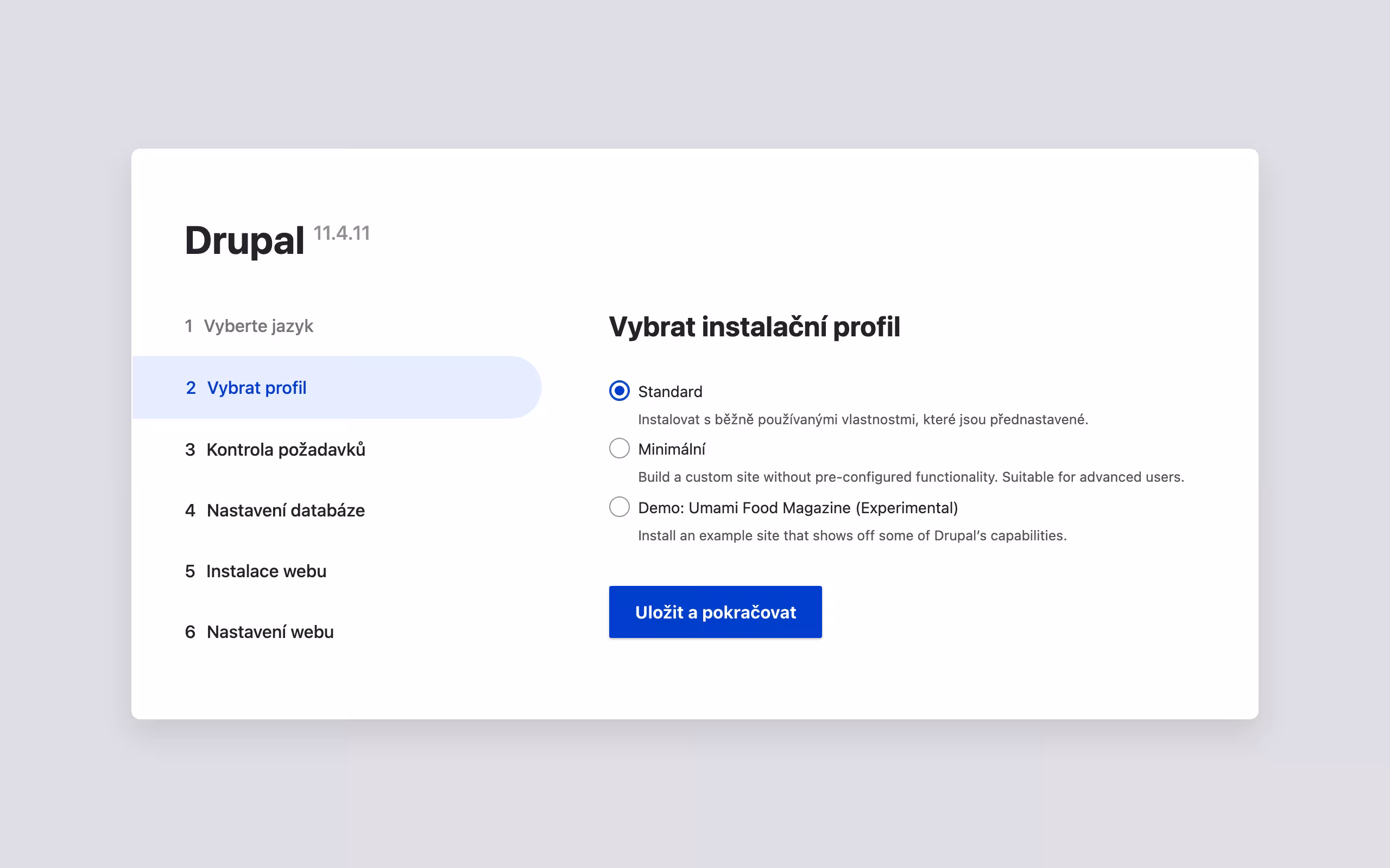 Výběr instalačního profilu v instalátoru Drupalu, označený profil Standard.