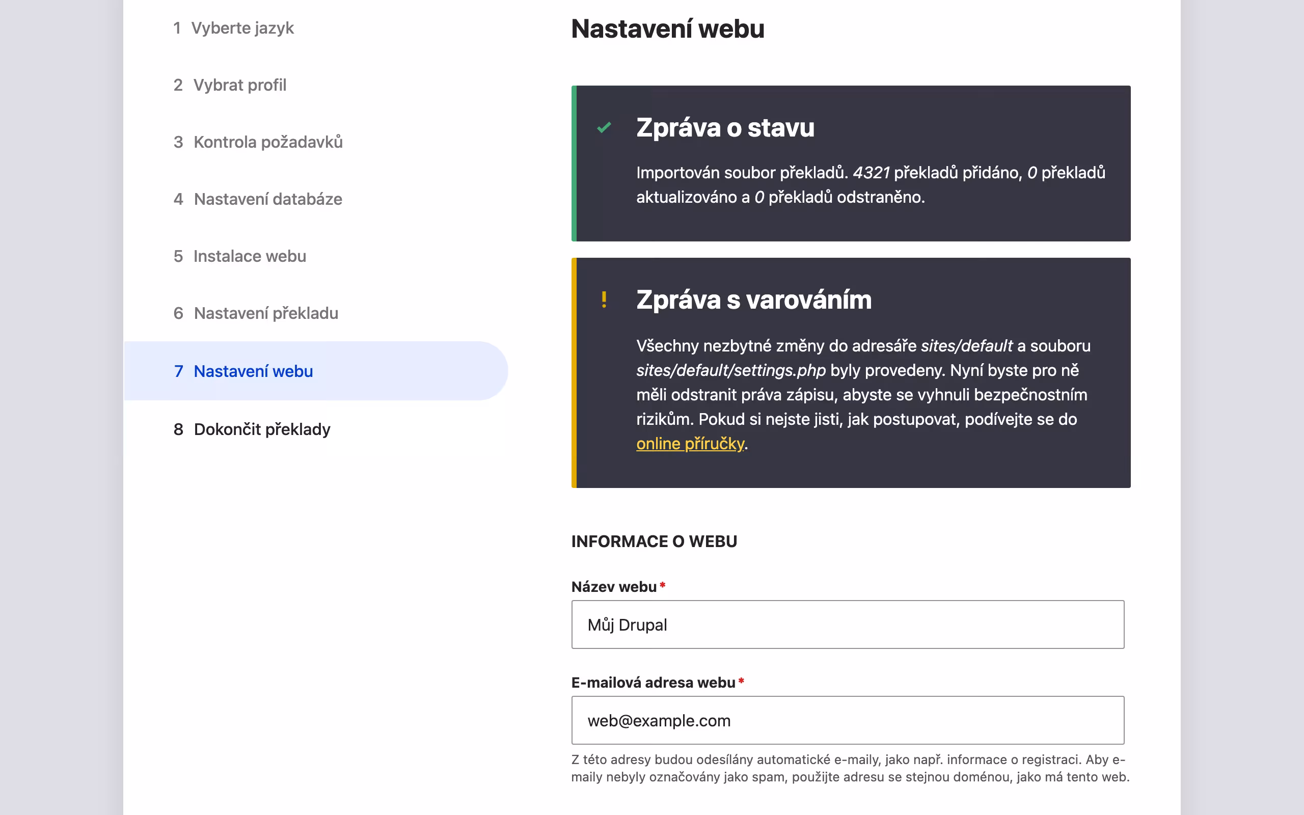Formulář Nastavení webu s vyplněným názvem webu a e-mailovou adresou.