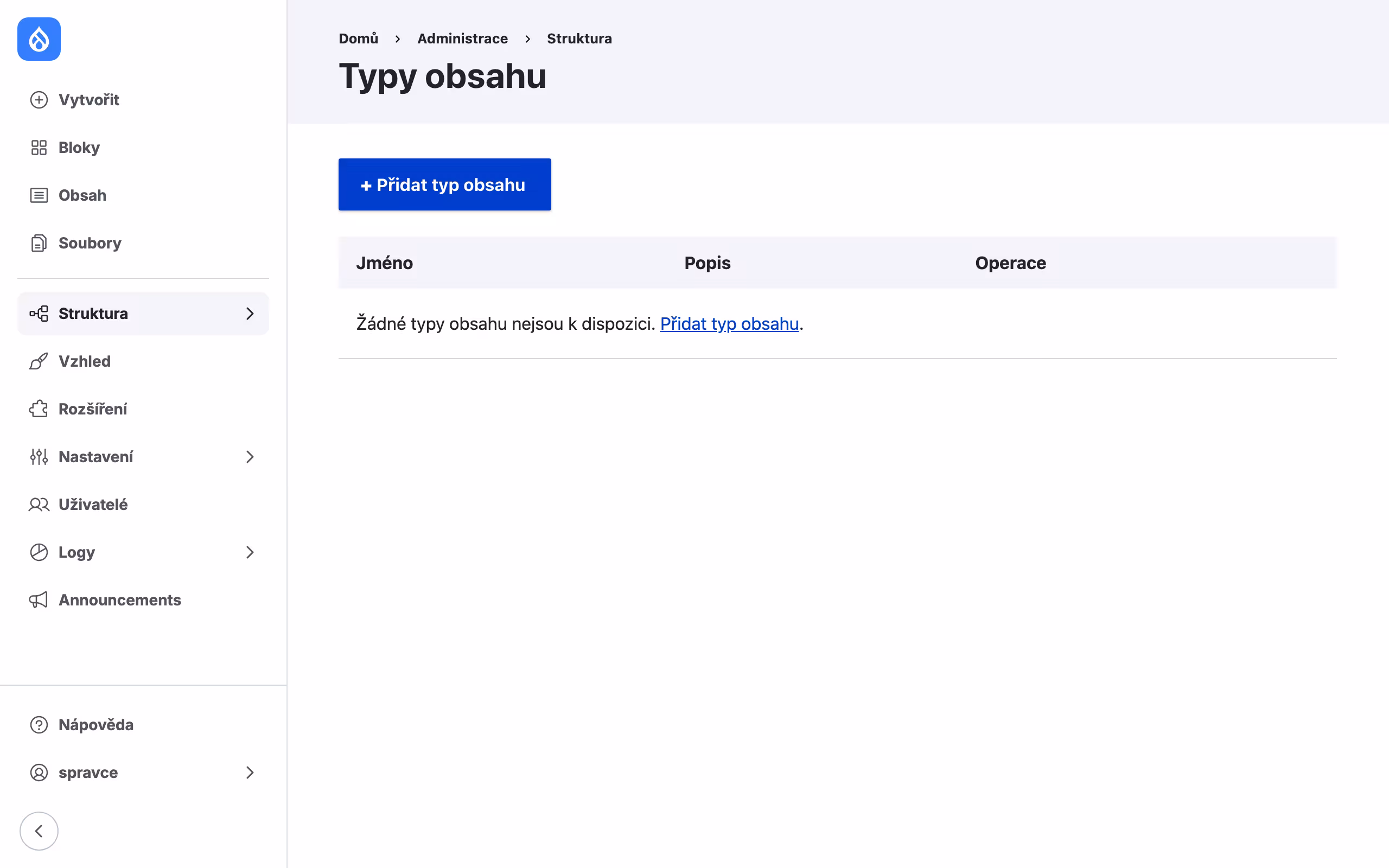 Prázdný přehled Typy obsahu v menu Struktura.